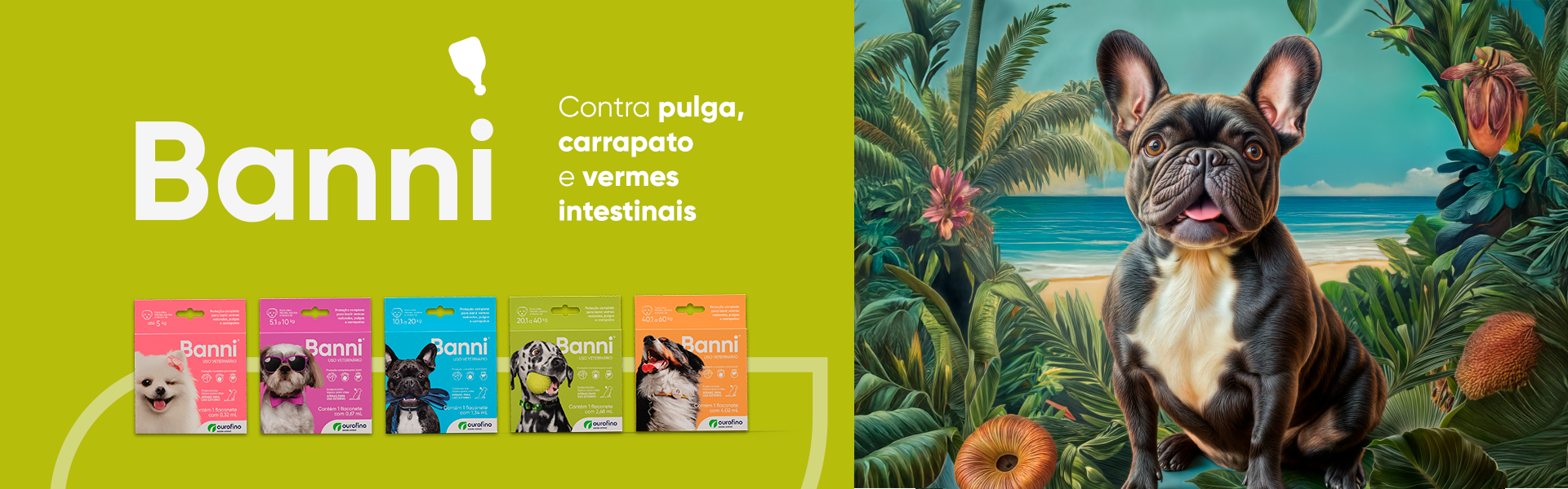 Banni: Contra pulga, carrapato e vermes intestinais.